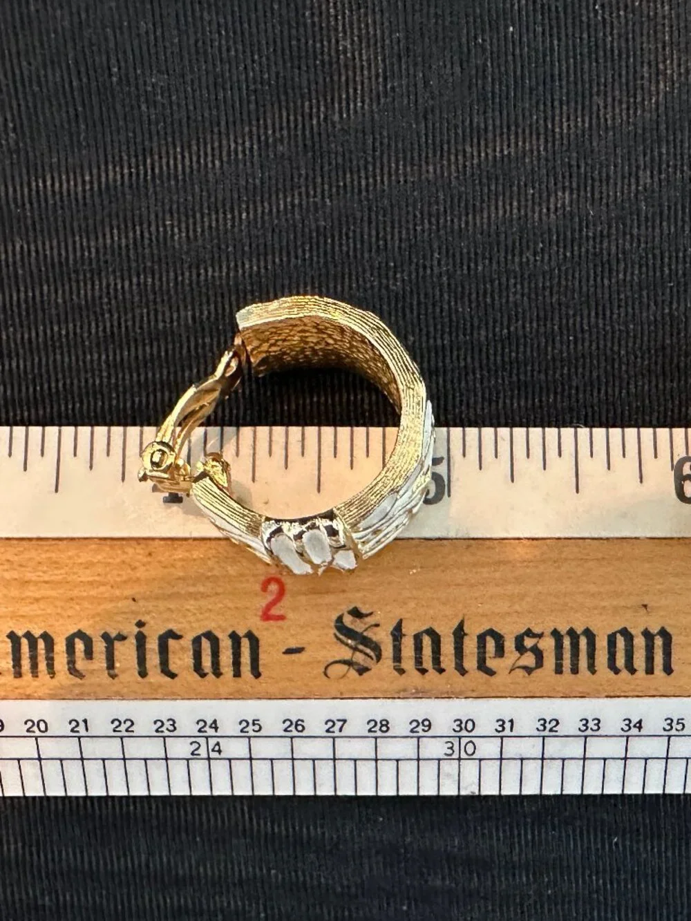 Vintage Gold Tone White Enamel Textured Clip On Hoop Earrings